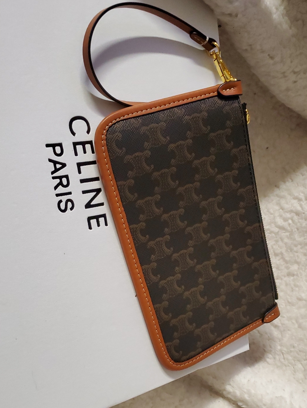 Celine Brown Triomphe Canvas Wristlet with Tan Trim and Gold Hardware